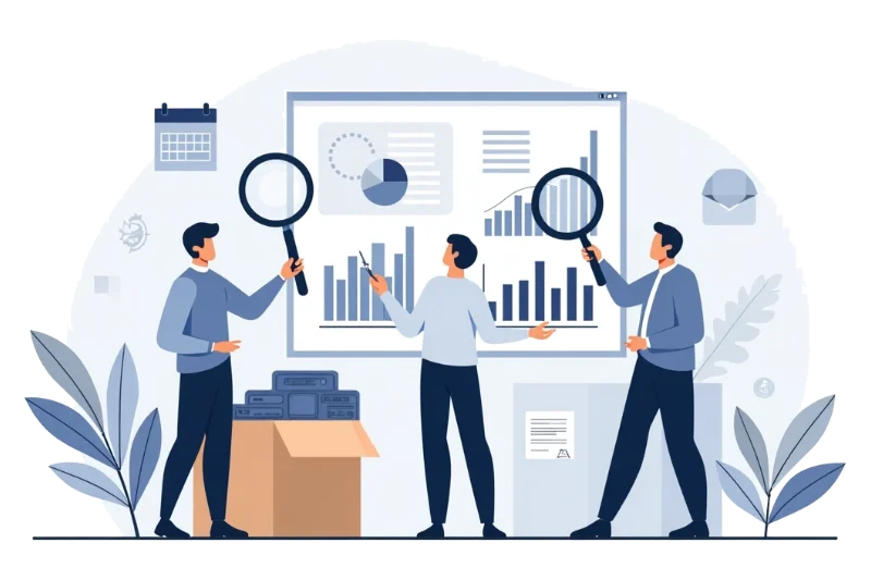 Illustration of people checking reports